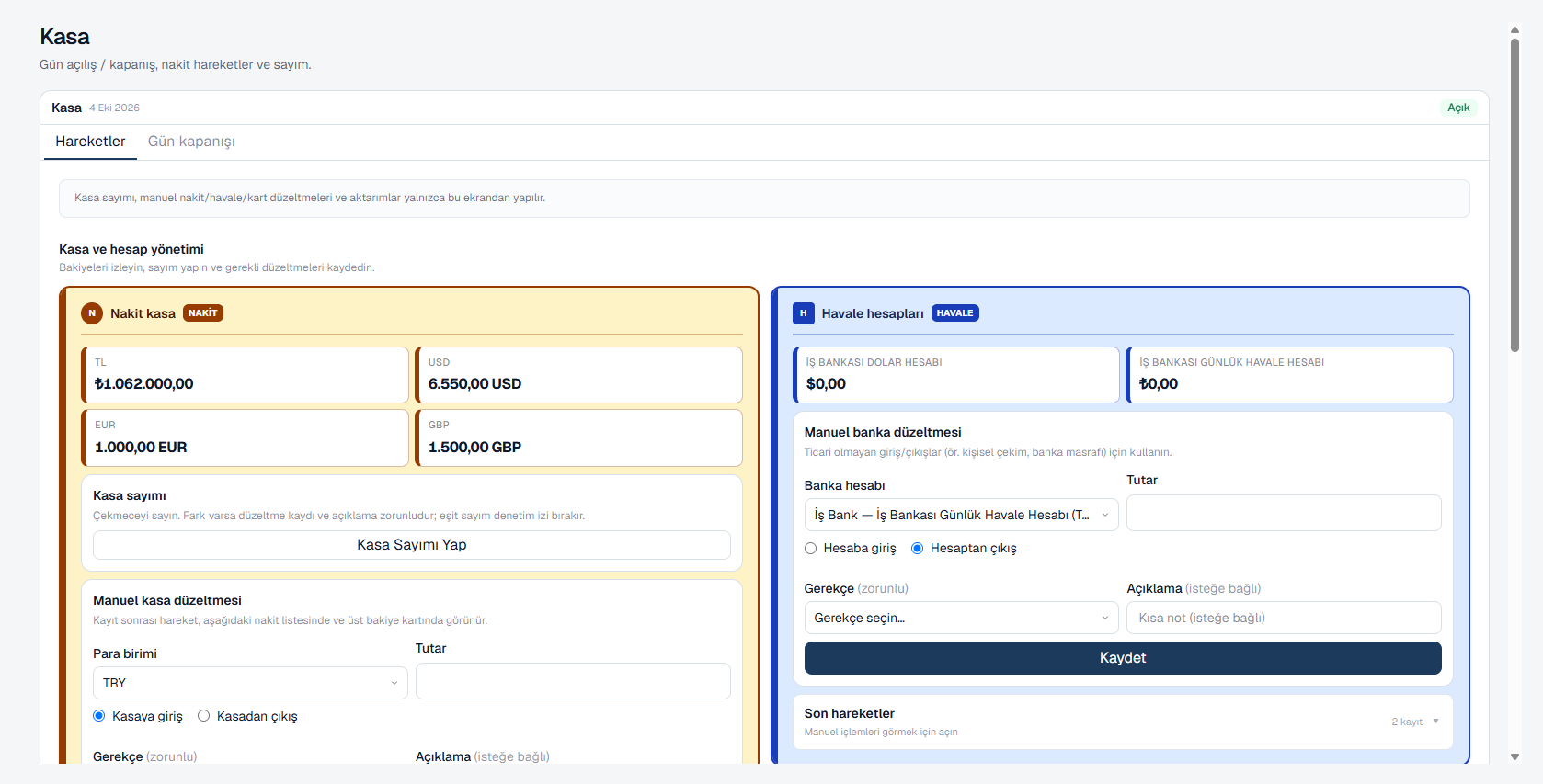 Kasa özetinde örnek hesap ve bakiyeler